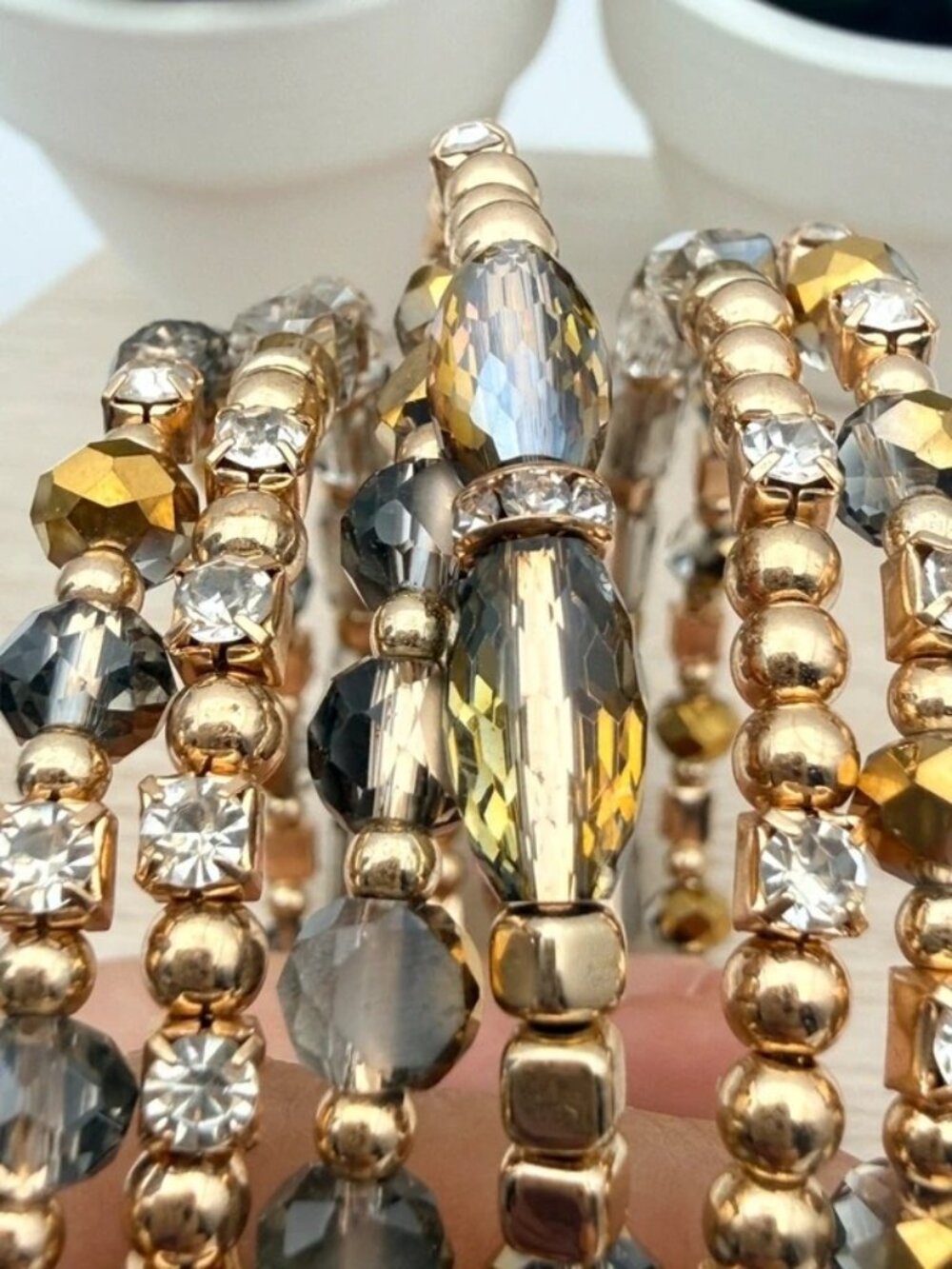 Gold Tone Crystal Rhinestone Memory Wire Coil Wrap Bracelet Glam - Picture 4 of 6